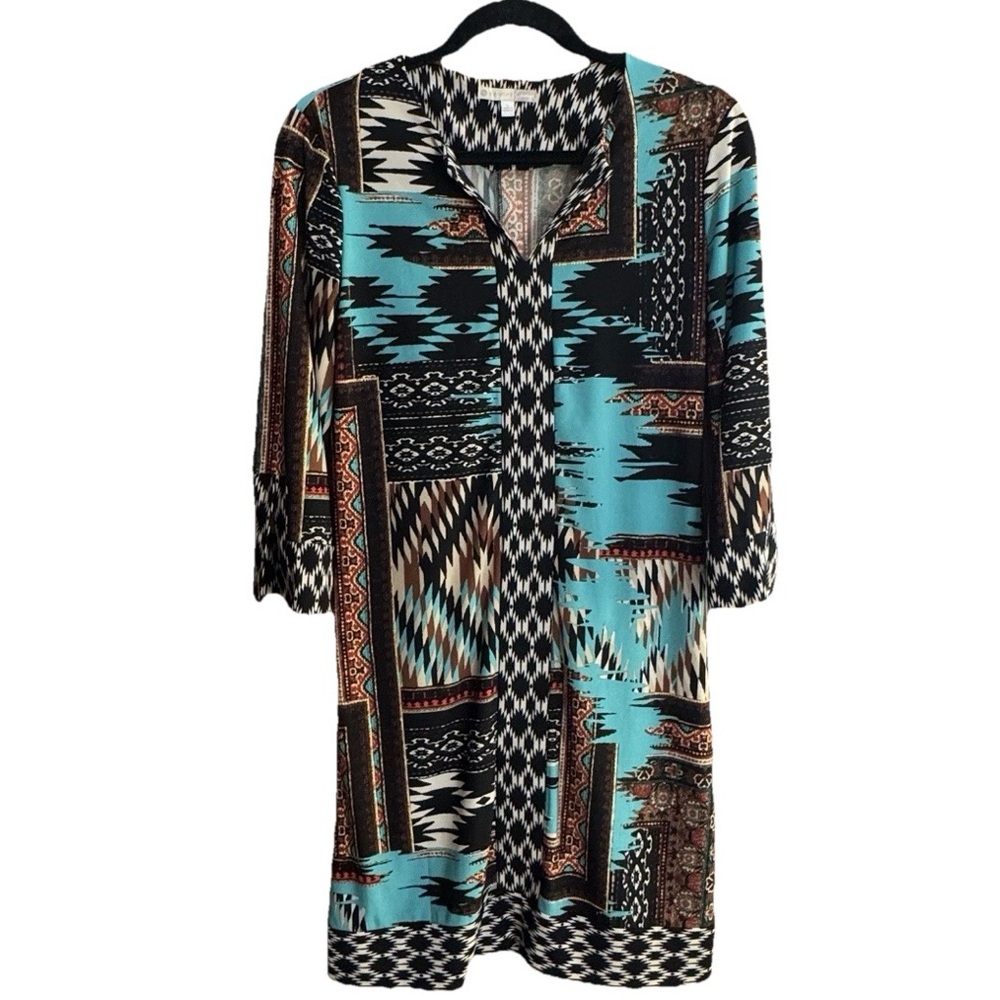 Southwestern Aztec Print Dress Small Turquoise Boho Bell Sleeve Shift